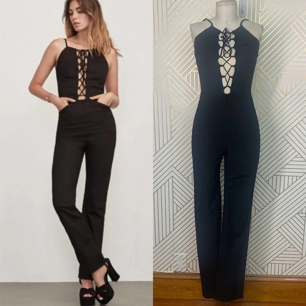 Reformation Sophie Lace Up Sleeveless Ponte Jumpsuit Black Size 2